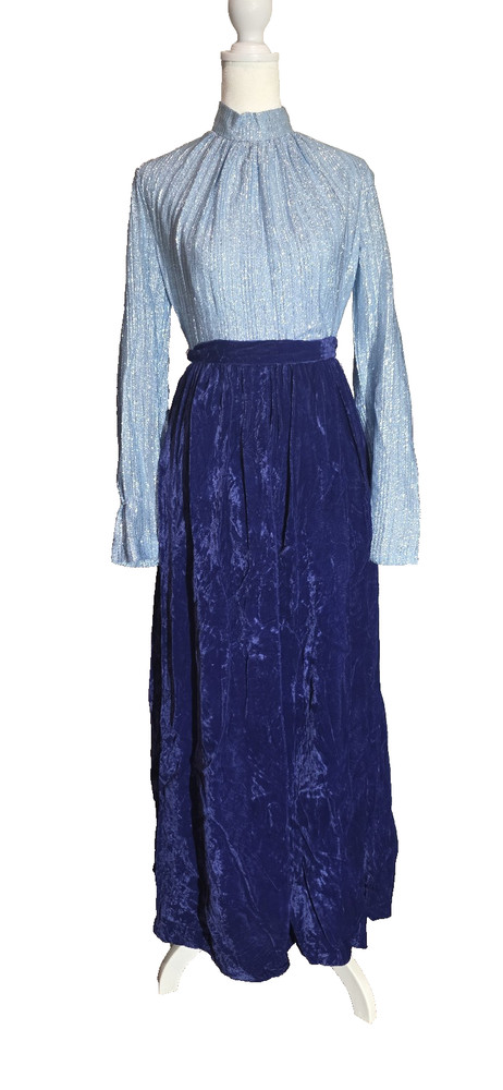 Vintage 1970s House of Bianchi Gown Lurex Velour Blue Metallic XS/S VTG
