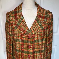 Vintage Hanbury London Skirt Suit Orange Green Red Plaid Thick Fabric 1960s Sz M