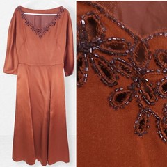 Beaded Bronze 1940s Dress Ladies S Satin Pinup Landgirl WW2 50s MCM Prom Vintage