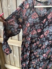 Vintage Nostalgia Dress Black Floral L Long Sleeve Button Ruffled Semi-Sheer