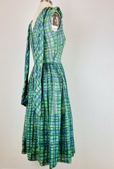 Vintage 50s Rona Joan Doris Blue Green Grid Print Lightweight Sheer Cotton Dress
