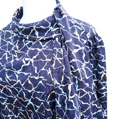 Vintage Blue Geometric Print Blouse Top Tie Neck Button Cuff Fits a M/L