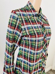VTG 70s JC Penney Fashions Button Up Poly Tartan Plaid Shirt Top Wide Lapel M**