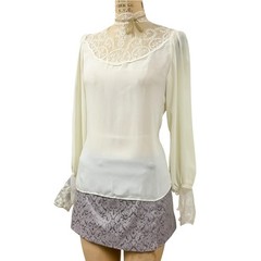 Vintage Victorian Lace Yoke Blouse High Neck Balloon Sleeve Romantic Cream Small