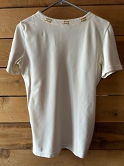 Vintage MONDI Designer 1980’s Cream Form-Fitting Stretchy Tee with Gold Bars