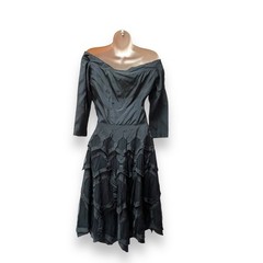 1940’s Black Silk Taffeta and Net Shelf Bust Party Dress with Side Zipper XXS