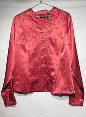 Laura Scott Red Long Sleeve button up Blouse Embroidery/Beads size 16 (blo 51)