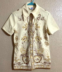 Exc! Vtg 70s Floral Urn Engineered Print Dagger Collar Blouse Cream Brown Sz S