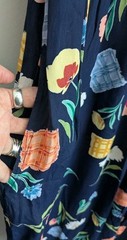 90s Crinkle Rayon Midi Dress Blue Floral Boho M Short Sleeve Flowy Cottage Retro