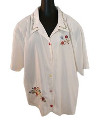 Vtg Teddi Blouse Womens sz 2X Button Up Embroidered Short Sleeve Cottage Core