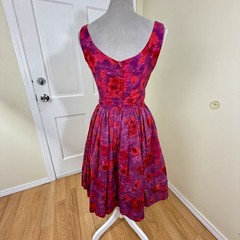 Vintage 1950s Red Pink Floral Fit & Flare Cocktail Dress S Retro Pinup Romanric