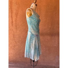 Vintage Y2K Napoli Seafoam Floral Cowl Neck Dress Rhinestone Flower