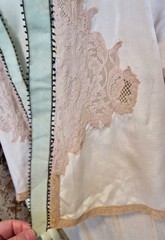 1930s Vintage Peach Satin Bed Jacket Lace Trimmed With Aqua Ribbon Velvet Edging