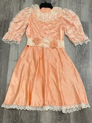 Vintage 80s Satin & Lace Dress Peach Midi Puff Sleeves Belted Cottage core