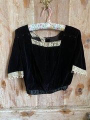 Antique French Black Velvet Edwardian Blouse Handmade Lace Trim c1910 Sz S