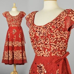 M Vintage 1940s 40s Patric of Miss America Red Lace Party Dress Formal Midi Rare