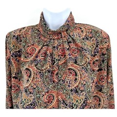 Jessica Lynn Pleated Paisley Blouse Mock Neck Long Sleeves Size 8 Vintage 1980s