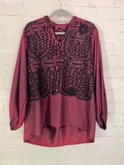Vintage 50s Mexican Black Embroidered Blouse Burgundy Red Satin Blend Women’s M