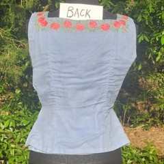 Vtg 50s 60s Peplum Top Curvy Cami Blue Pink Roses Embroidered Bust 30 XS Union