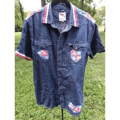 Levi’s Patriotic Flag Denim Shirt Roses And Flag Upcycled Women’s Size Medium