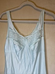 Vintage Pale Blue Floral Pattern Satin Nightie w/Lace Sz Med