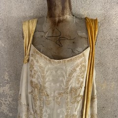 Antique 1920s Dress White Silk Chiffon Yellow Floral Beading Ribbon Gown Vintage