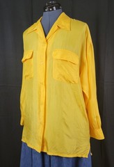 Vintage Bonjour Yellow Oversized Silk Blouse w Button Down & Flap Pockets Size M
