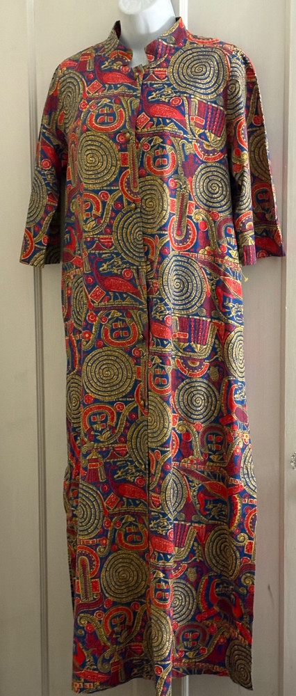 Vintage Sayburg Yellow/Blue/Red Print Cotton Robe/Dress-Size XL (No size tag)