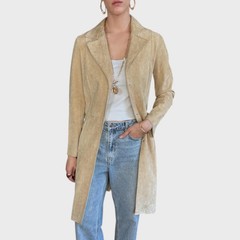 Vintage Y2K Cream Suede Leather Belted Trench Coat size US4/6; EU 36/38