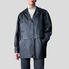Vintage 90s Black Leather Jacket – Oversized Patchwork Coat- Size M/L