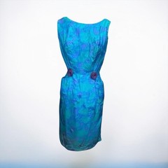 1960s Silk Sheath Dress Blue Green ILGWU Restored Pockets Vacation Bombshell