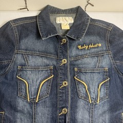 Vintage Y2K Baby Phat Women’s Blue Jean Jacket Gold Embroidered Cat Logo Size M