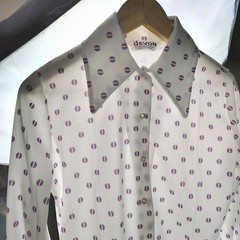 Vintage 70s Disco Shirt Women M/L White Purple Eye Dagger Collar Thin Dacron Mod