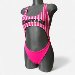 Vtg 1980s Sun Kiss Gitano Pink Striped Swimuit Size 7/8 Lifeguard Baywatch
