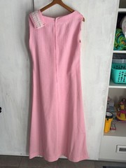 Vintage 60s 70s Pink Ribbed Mod Maxi Long Sheath Dress Crochet Lace Belt M/L
