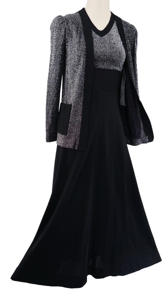 ViNTAGE 70s ATOMiC SiLVER METALLiC LUREX HiGH WAiST BLACK MAXi DRESS & JACKET S