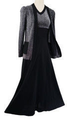 ViNTAGE 70s ATOMiC SiLVER METALLiC LUREX HiGH WAiST BLACK MAXi DRESS & JACKET S