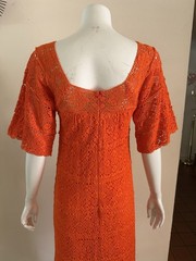 1970s Mexican Crochet Lace Maxi Dress Orange Cotton Boho Huipil XS S Vintage