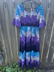 Vtg Sears Hawaiian Fashions Medium Purple, Blue White Maxi Dress 70s, Sz 14