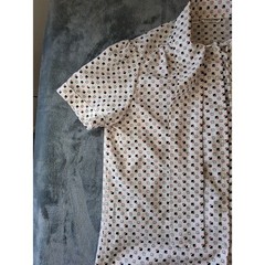 Vintage Alfred Dunner Geometric Tie Neck Blouse White Navy Red Short Sleeve 14