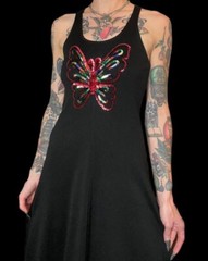 VTG 70s Butterfly Whimsy Appliqué Black Racerback Scoopneck Maxi Dress Rare