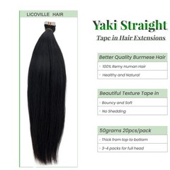 Yaki Straight Human Hair Tape-in Extensions Black Women 22in Natural Black