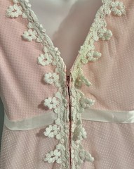 Vintage 1970s Women Maxi Dress XS/S Pink Swiss Dot Lace Puff Short Sleeve Lined