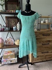 Vintage Y2K “Taboo” Blue Teal Paisley Floral Glitter Asymmetrical Midi Dress