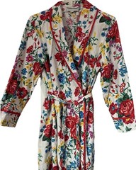 VTG Cotton Bathrobe~Floral~Red Rose Garden~Maxi-Length~Satin Trim Loungewear EUC