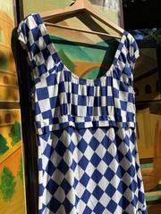 1970’s Checkerboard Print Blue and White Dress