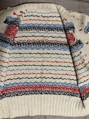 VINTAGE 60s 70s 45″ HAND KNITTED FAIR ISLE CARDIGAN SWEATER, Ivory, Blue, Red