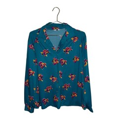 Vintage Teal Floral ButtonUp Blouse LongSleeve Retro Rose Print Top Size P2P 25″