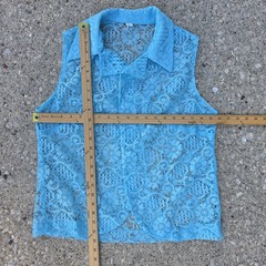 Vintage 1970s Aqua Blue Pleated Dress Lace Vest Set Belted Size 14.5 M/L