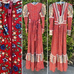 Gunne Sax Prairie Maxi Dress Red Floral Corset Lace Cottagecore Size 11 Vintage